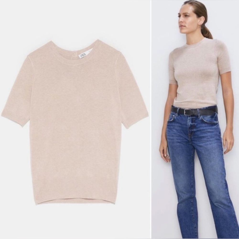 Zara Short Sleeve Knit Sweater with Gold Buttons in Tan